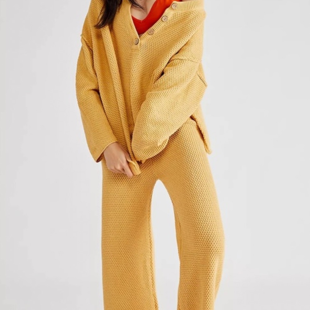 Free People Mustard Yellow Knit Lounge Set with Rust Tank